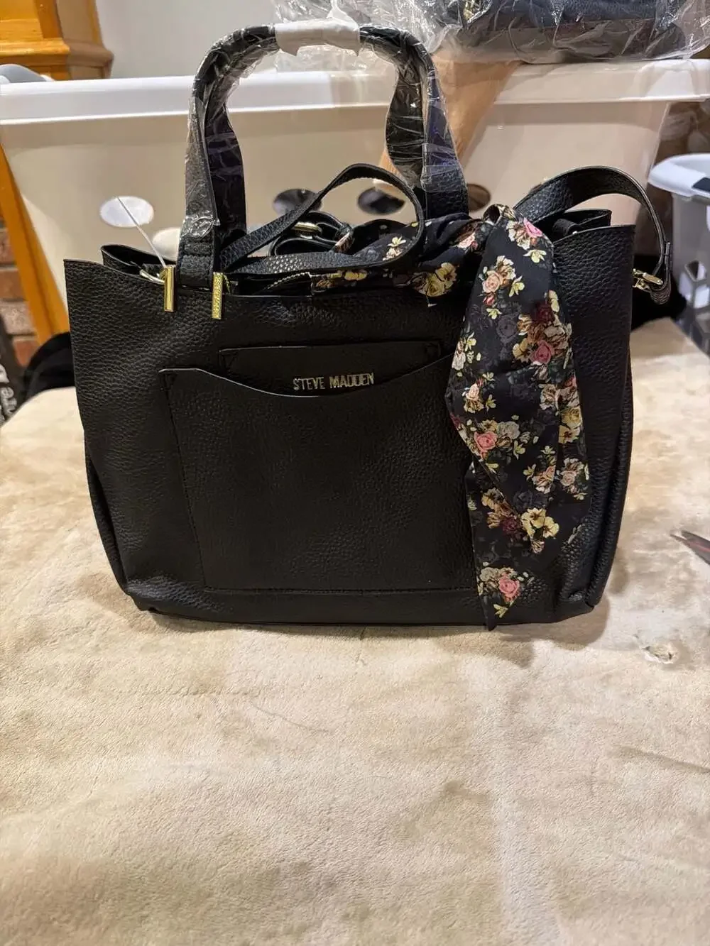 Steve Madden BPARKER Black Vegan Leather Satchel Crossbody Bag with Floral Scarf